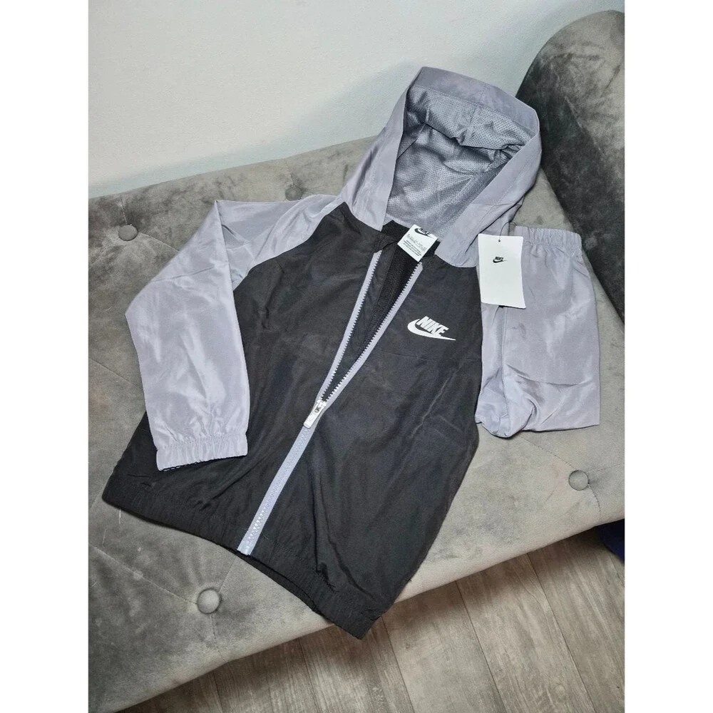 Kids Nike Black and Light Gray Hooded Windbreaker Jacket